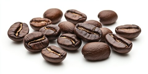 Naklejka premium Isolated roasted coffee beans are set against a white background, emphasizing their rich color and texture, showcasing the essence of coffee in its purest form.