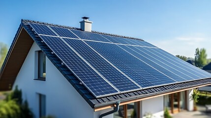 Aerial view of solar panel modules on residential house roof in a European city. Sun panels installed on building rooftop. Renewable energy sources. Eco sunlight power station. Save planet concept.