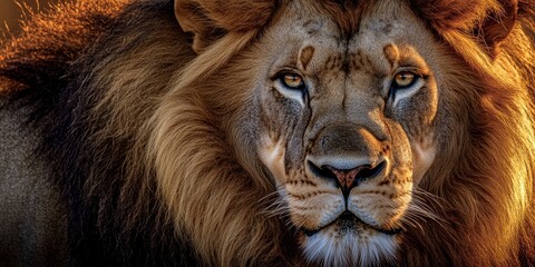 Fototapeta premium Majestic lion showcasing a powerful mane in its natural environment. Close up highlights the exquisite details of the lion s mane in the wild. The lion s majestic presence is captivating.