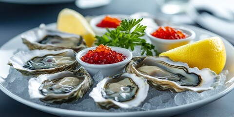Fresh oysters served on a bed of ice, accompanied by lemon and sauce. This platter features several oysters along with caviar, highlighting the culinary delight of oysters in elegant presentation.