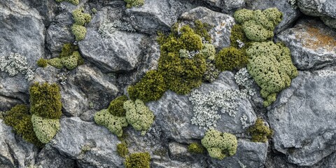 Fototapeta premium Close up of moss growing on rocks, showcasing moss in various shades of gray and green. This image highlights the unique patterns of moss growing on rock surfaces and its bioweathering effects.
