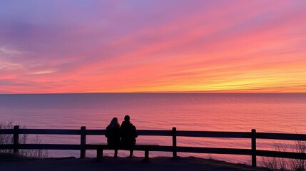 Scenic Lookout Point Overlooking the Ocean at Sunset with Two People Sitting