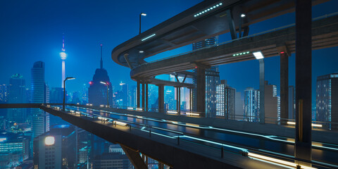 Obraz premium Futuristic highway overpass dominating modern city skyline at night