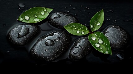 Black rocks with green leaves and water drops on them, spa background, spa poster design, top view, high contrast