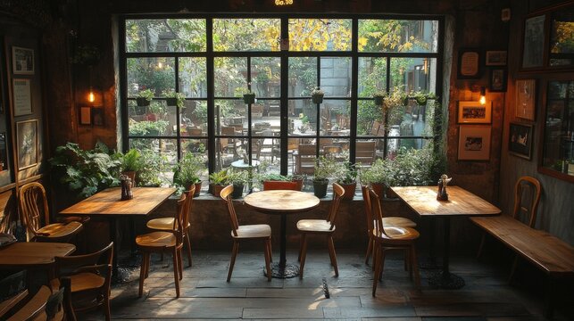 Cozy Cafe Interior With Wooden Tables and Bright Greenery in an Urban Setting. Generative AI