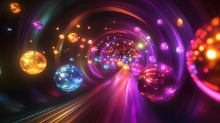 Obraz premium Colorful spheres flow through a vibrant neon tunnel