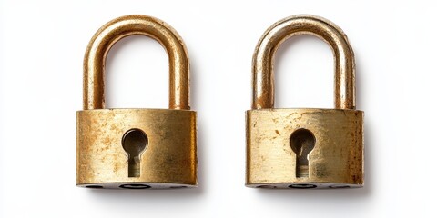 Fototapeta premium Two open padlocks displayed side by side, isolated against a white backdrop, showcasing the details of the open padlocks with a clear clipping path for versatility in use.