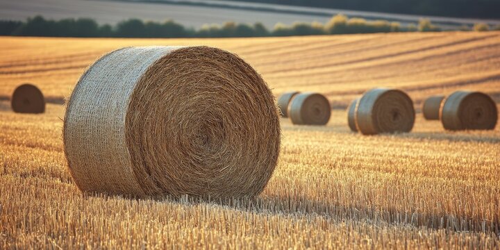 Rolled straw bales are netted and left on stubble, creating a picturesque scene with rolled, netted straw bales that enhance the agricultural landscape. Enjoy the beauty of rolled straw bales in