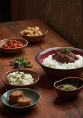 decorative plate of Rendang and rice, served with chili paste and herbs, with festive Lunar New Year flowers and ornaments nearby