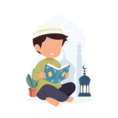 Little Muslim Kid Boy reading Quran with burning lantern on arabic door in crescent moon night and mosque background