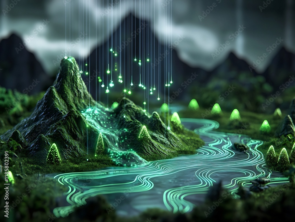Poster ethereal visualization of rainfall patterns rippling over a topographic map ethereal waterways snaki