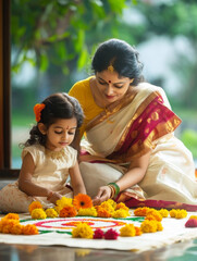 kerala traditional onam festival mom and little daughter decorating kolam flowers on floor with nice background,mom wear nice traditional saree 