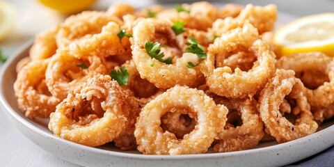 Delicious fried squid for lunch, coated in a crispy flour batter, makes for a perfect lunch option. Enjoy flavorful fried squid as a satisfying choice for your midday meal.
