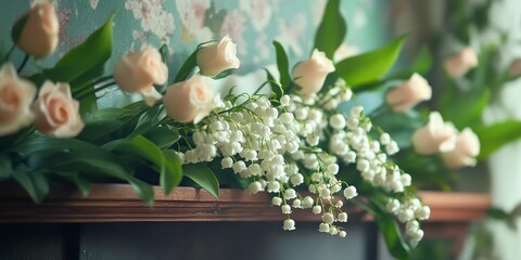 A beautiful arrangement of lilies of the valley alongside roses is placed on a fireplace shelf, with a softly blurred background enhancing the scenes charm.