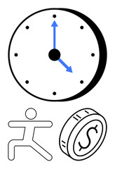 Clock with blue arrows, stick figure in motion, and dollar coin outline. Ideal for time management, financial planning, work efficiency, productivity, balance, deadlines abstract line flat metaphor