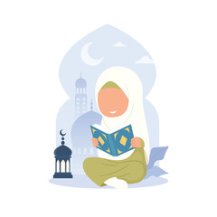 Little Muslim Kid Girl reading Quran with burning lantern on arabic door in crescent moon night