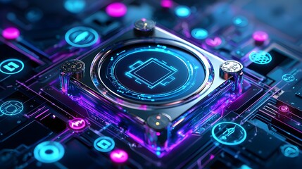 Futuristic Technology Chip, Neon Lights, Abstract Circuit Board, Digital Innovation, Modern Technology Background