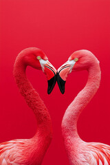 Naklejka premium Two flamingos standing close to each other, their necks forming a heart shape. The vibrant pink birds contrast beautifully against a solid red background, creating a romantic and playful scene for Val