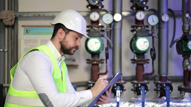 Focused male engineer in boiler room inspects heating system equipment. Professional plumber takes notes on clipboard, ensuring efficient power generation.