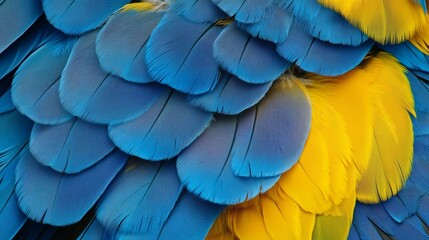 Fototapeta premium The vibrant blue and yellow texture of macaw feathers creates a stunning backdrop, perfect for design and artistic endeavors, showcasing the beauty of blue and yellow in various contexts.