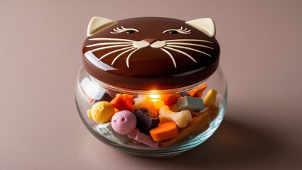 Jar of cat treats: A transparent glass jar with a whimsical whisker themed lid filled to the brim with an assortment of colorful, assorted cat treats in various shapes and sizes