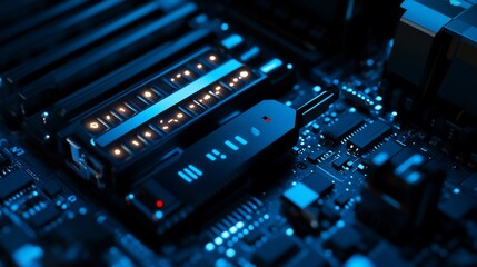 Close-up view of a technologically advanced motherboard with glowing components and intricate circuitry.  High-tech digital technology