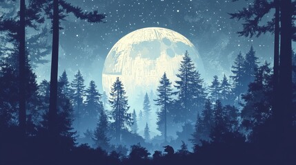 A Death Star moon rises over a tranquil pine forest