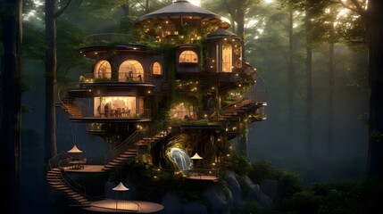 Whimsical treehouse design tucked away in the middle of a dense lush forest creates a peaceful enchanting hideaway for nature lovers to escape and find solitude