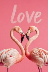 Obraz premium Two flamingos standing close to each other, their necks forming a heart shape. beautifully against a solid red background, creating a romantic and playful scene for Valentines Day card greeting poster