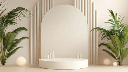 Fototapeta premium 3d background product display podium scene with leaf geometric platform, beige backdrop, and pedestal for showcasing cosmetics and retail products.