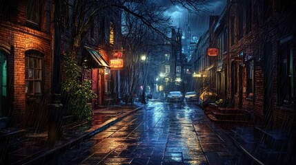 Obraz premium Rainy Night Cityscape: A Nocturnal Urban Streetscape in the Rain