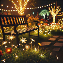 Obraz premium Fairy lights in the garden with garden bench. Lights twinkle on trees, bushes, meadow