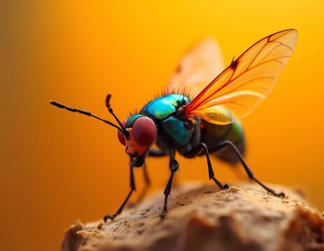 A detailed macro photograph of a fly, showcasing its red compound eyes, green metallic body, and transparent orange wings - Powered by Adobe