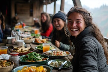 Hikers smiling and enjoying a meal together in a mountain hut