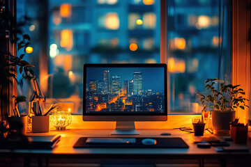 Front view of monitor, keyboard and potted plants on table in dark room. Home office. Generated by artificial intelligence