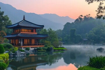 Naklejka premium Traditional japanese pagoda reflecting on calm lake at dawn