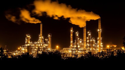 Fototapeta premium Nighttime Industrial Complex: Glowing Towers and Amber Smoke
