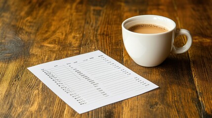 Coffee and schedule on wooden table.