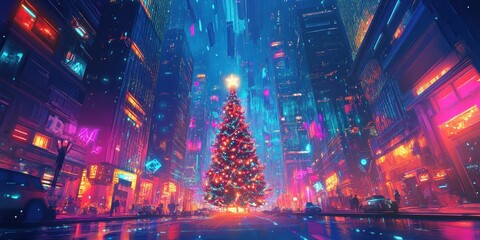 Obraz premium Cyberpunk Christmas Tree in a Neon Cityscape