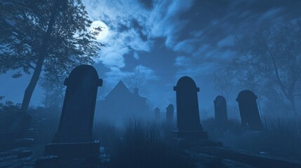 Spooky graveyard at night shrouded in fog with tombstones under a mysterious blue sky and haunting moonlight casting eerie shadows