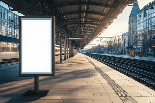 Blank billboard, train station platform, sunrise, city backdrop, advertising (1) - Powered by Adobe