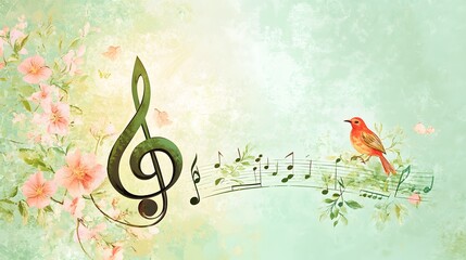 Floral Music Design Featuring Treble Clef And Bird