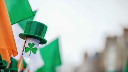A festive scene featuring green flags and a leprechaun hat with a shamrock, celebrating Irish culture and St. Patrick's Day.