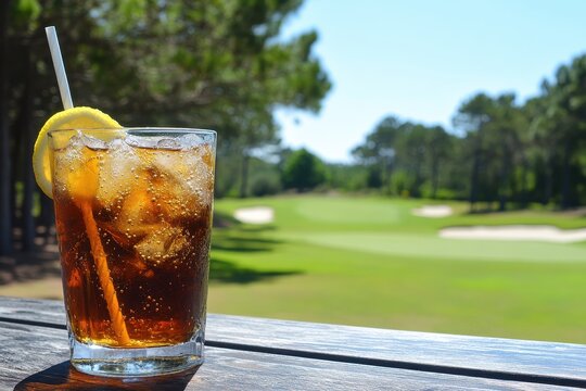 Iced tea with lemon wedge, straw, ice cubes in rocks glass. Perfect for relaxing summer scenes, golf course visuals, or beverage promotions.