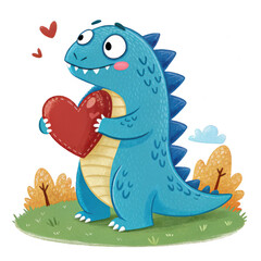 Obraz premium A cute blue dinosaur character holding a red heart, surrounded by stylized greenery and whimsical elements.
