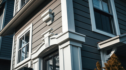 Exterior of House with Gray Siding and White Trim