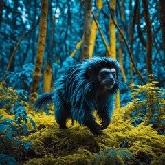 A tamarin hopping through a surreal forest of neon blue and yellow.