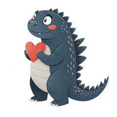 Naklejka premium A playful dinosaur character holding a red heart, showcasing a friendly and adorable expression.