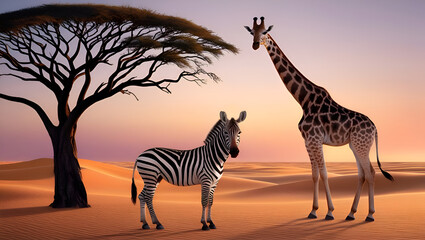 Giraffe with Zebra against Akacia Tree In Desert, Animals In Desert, International Wildlife Week, World Wildlife Day, National Wildlife Day, National Animal, Religious Animal, Generative Ai