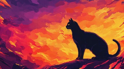 Black Cat Silhouetted Against a Fiery Sunset Sky